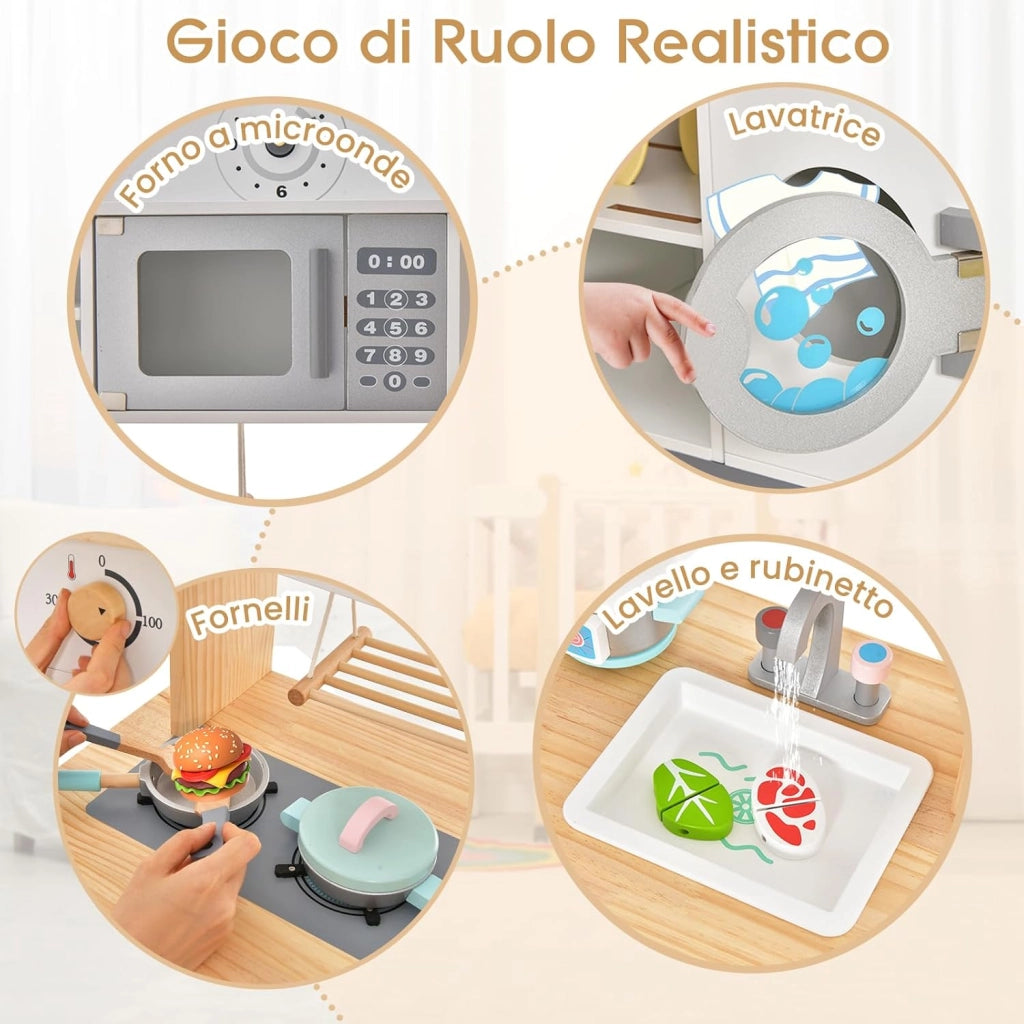 Cucina Giocattolo per Bambini in Legno, Set da Cucina per Bambini con Forno a Microonde, Accessori Vari per Cucinare, per Bambini 3 Anni +, TM-70, Bianco