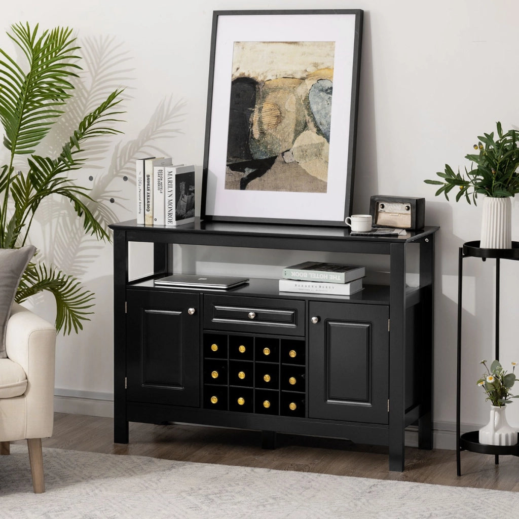 Credenza per cucina con porta bottiglie di vino a forma incrociata-Mobile da cucina con mensola aperta Nero
