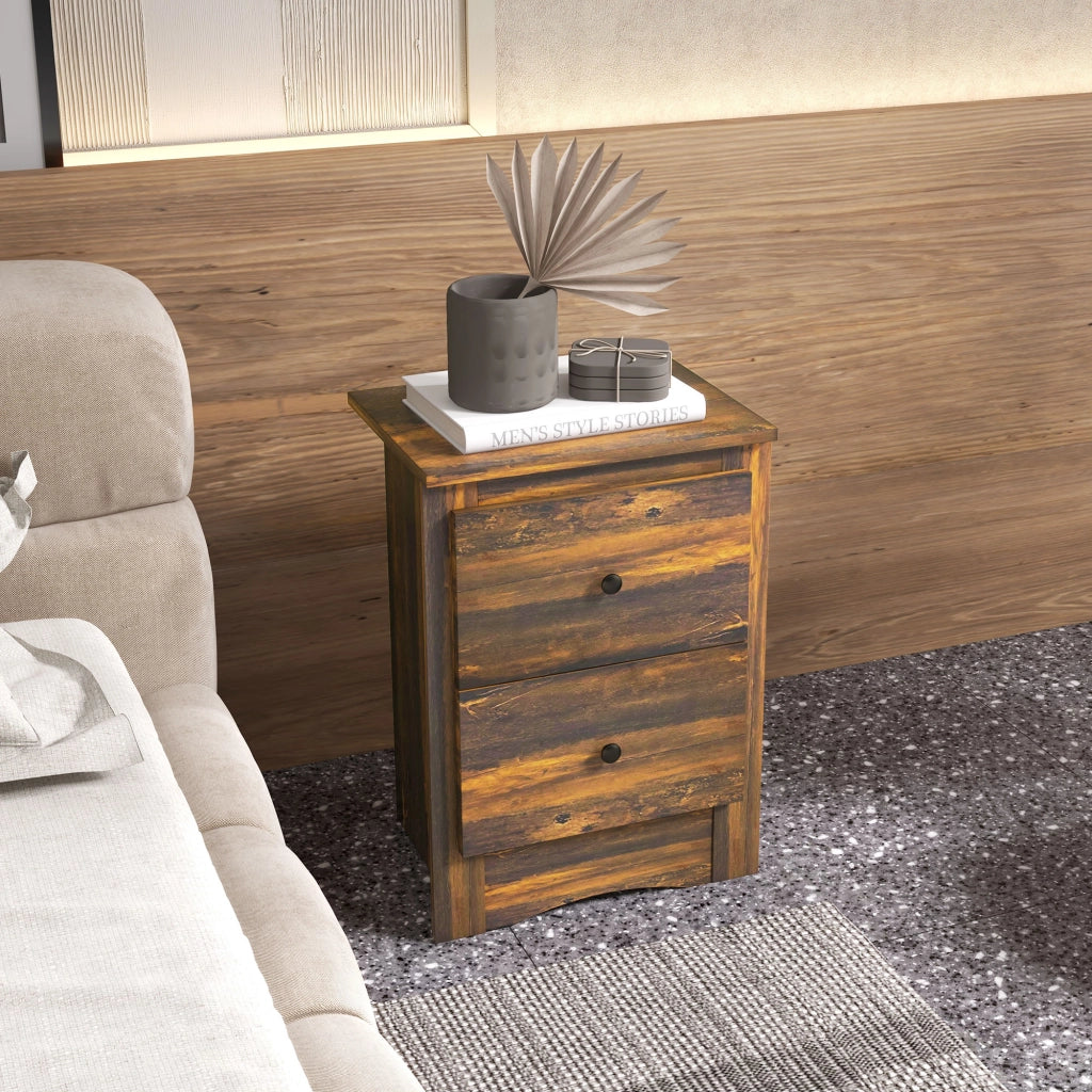 Comodino con 2 Cassetti in stile Rustico, Comodino per Camera da Letto in Legno, 40x30x56 cm, Marrone