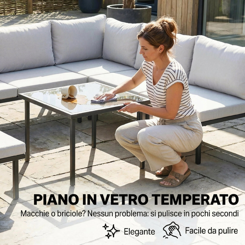 Set Mobili Giardino Metallo 6 Persone. Divano Angolare Cuscini. Grigio Chiaro