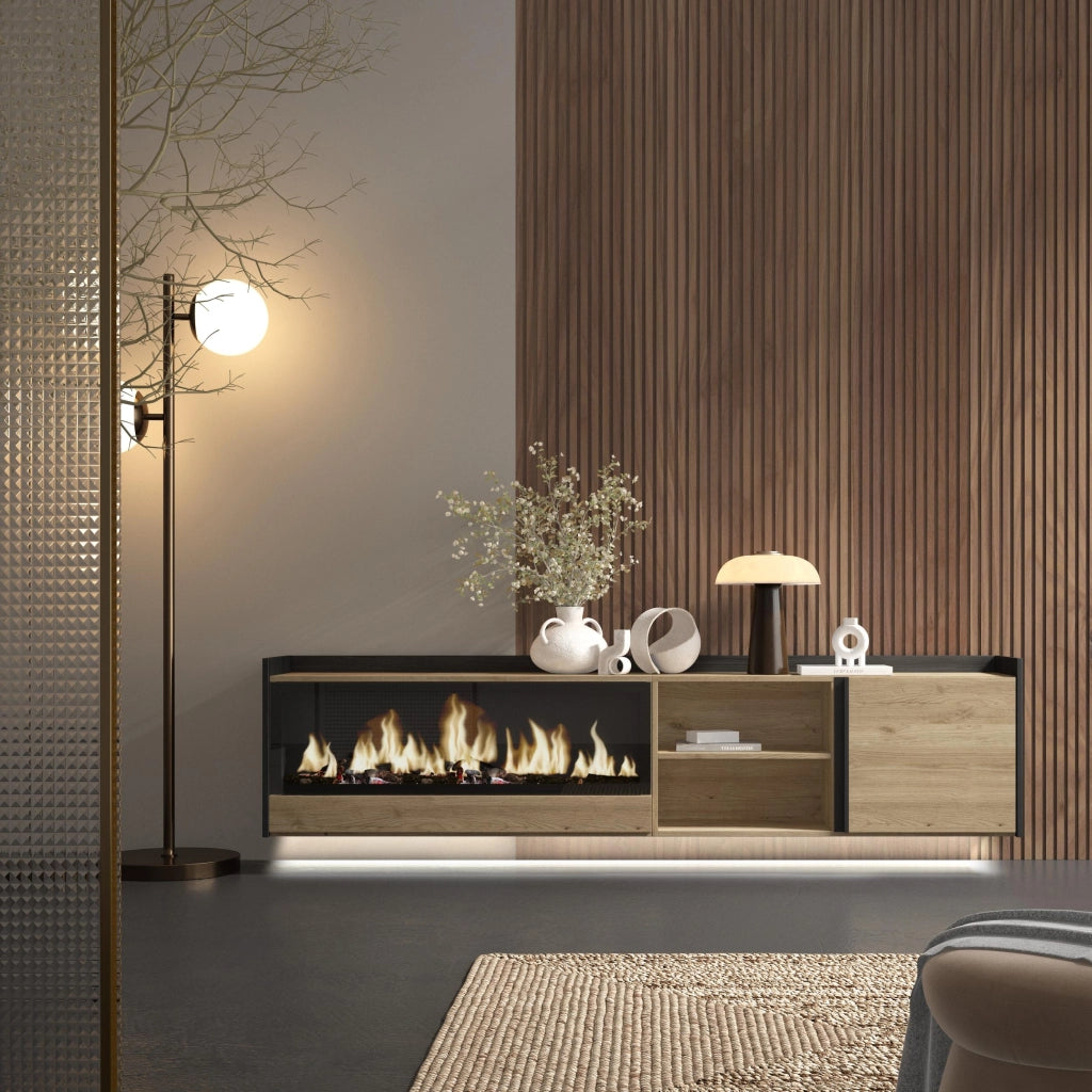 Mobile TV Soggiorno, 212x50x35 cm, Per TV fino a 80", Camino elettrico XXL, Sospeso, da appendere, LED, Rovere e nero