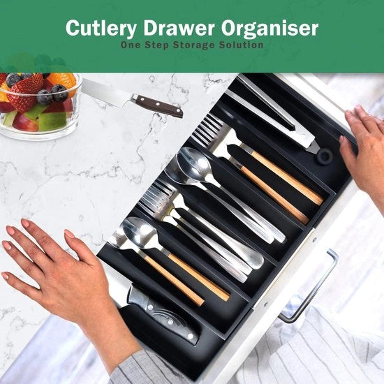 Organizzatore di stoccaggio per posate in bambù espandibile con supporto per argenteria regolabile - 7 slot per cucchiai, forchette, coltelli - nero