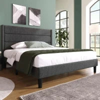 Struttura Letto Matrimoniale con Rete a Doghe e Piedini antiscivolo, Testiera Imbottita in Lino,140x200 Grigio Scuro
