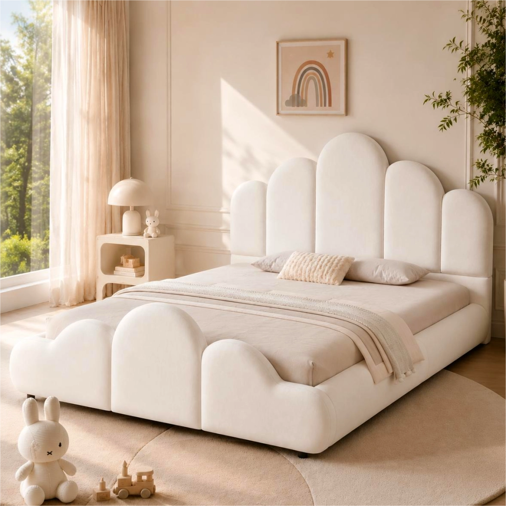 Letto imbottito 140 x 200 cm in velluto beige con testiera imbottita e struttura a nuvola