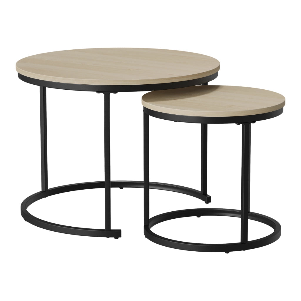TAVOLINI DA SALOTTO Set da 2 pezzi rotondi 60/40 cm effetto rovere metallo nero