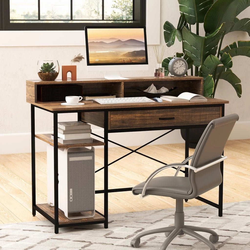 Scrivania con Cassetti, Supporto per Monitor e Ripiani Aperti, Scrivania Salvaspazio per Computer con Struttura in Metallo, Scrittoio per Studio e Ufficio, 120 x 56 x 90,5 cm, Marrone