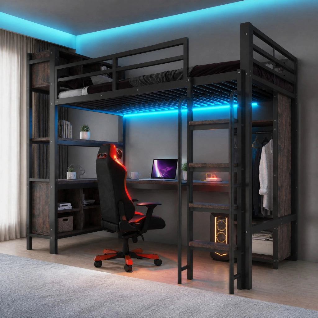 Letto a soppalco multifunzione 90x200 cm con scrivania; armadio; LED e prese EU; nero