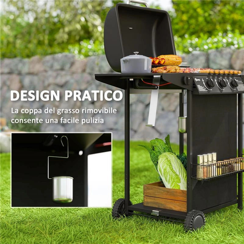 BARBECUE A GAS CON 4 BRUCIATORI INDIPENDENTI E COPERCHIO CON TERMOMETRO 108X54X97 CM NERO