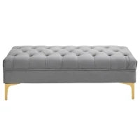 Panca Imbottita Fondoletto in Tessuto Vellutato e Base in Metallo Dorato, 118x45x42cm, Grigio