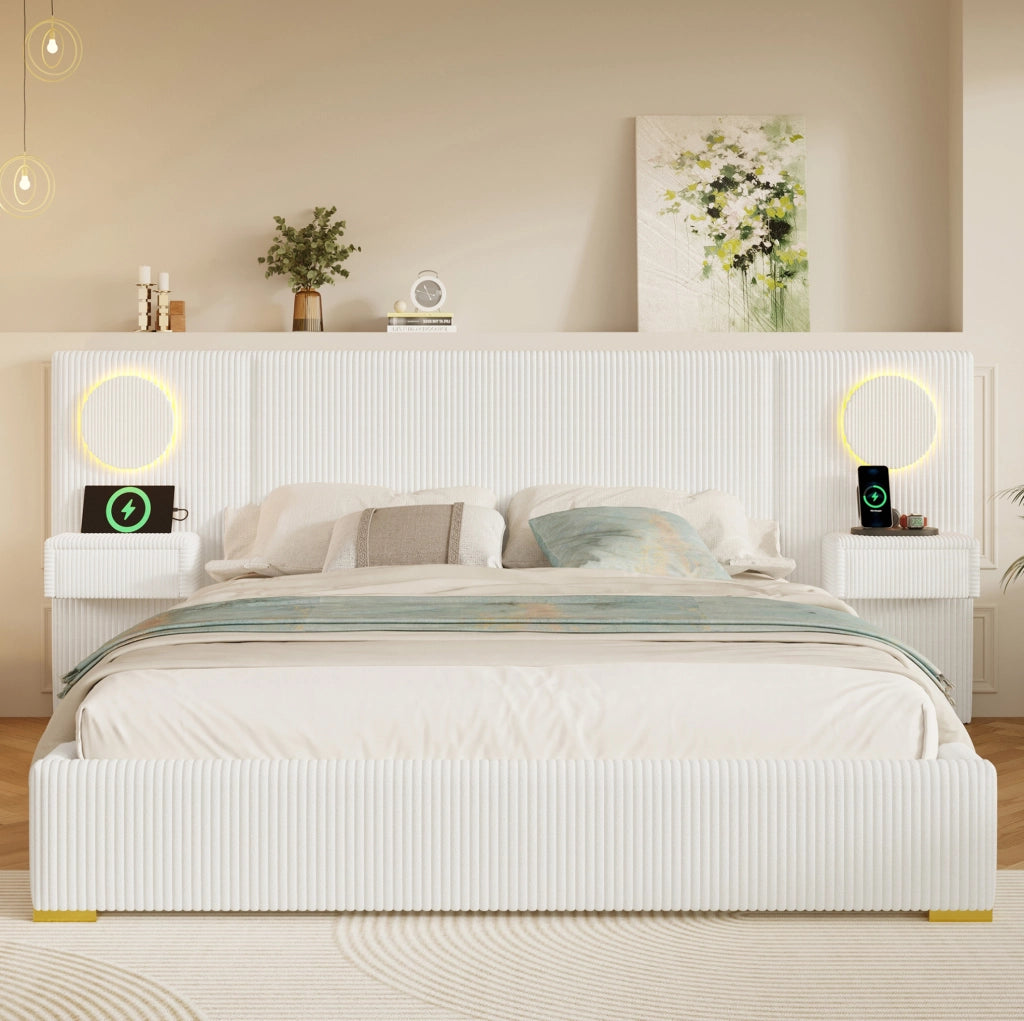 Letto imbottito 180x200 cm in velluto beige con LED, USB e comodini con cassetti