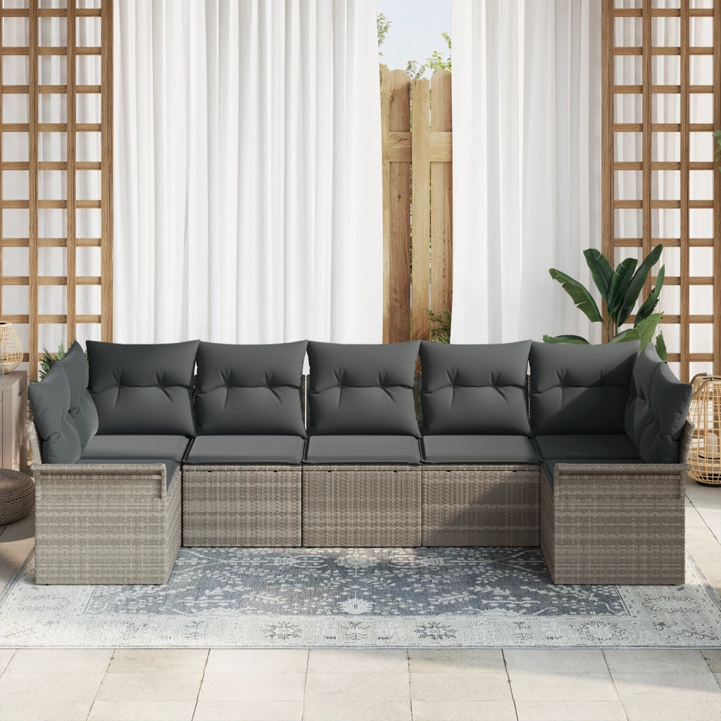 Set di Divani da Giardino a 7 Pezzi con Cuscini Grigio Chiaro in Polyrattan