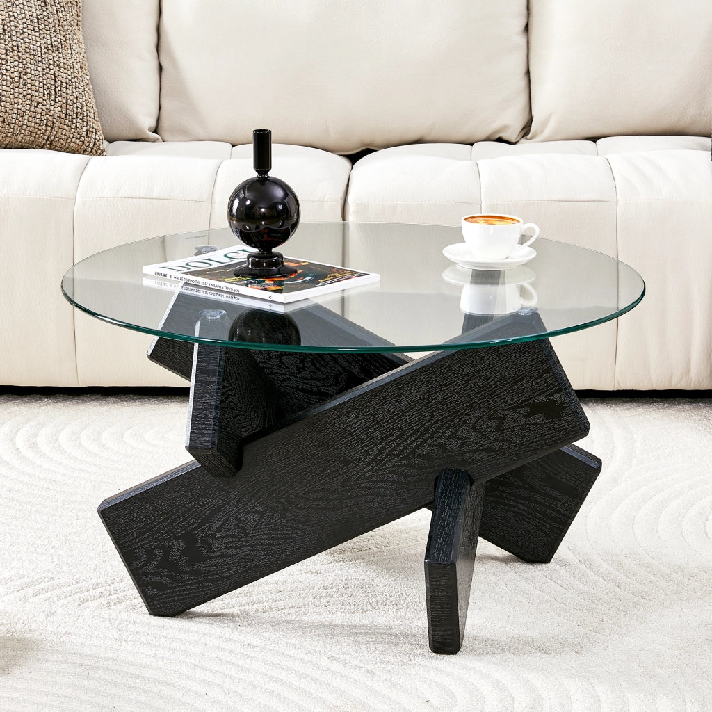 TAVOLO DA CAFFÈ Rotondo 79 cm MDF e Vetro Nero/Trasparente