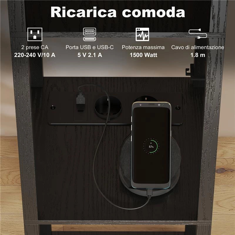 LAMPADA DA TERRA CON RIPIANI, LUCE REGOLABILE, INTERRUTTORE A PEDALE E PORTE USB, NERO