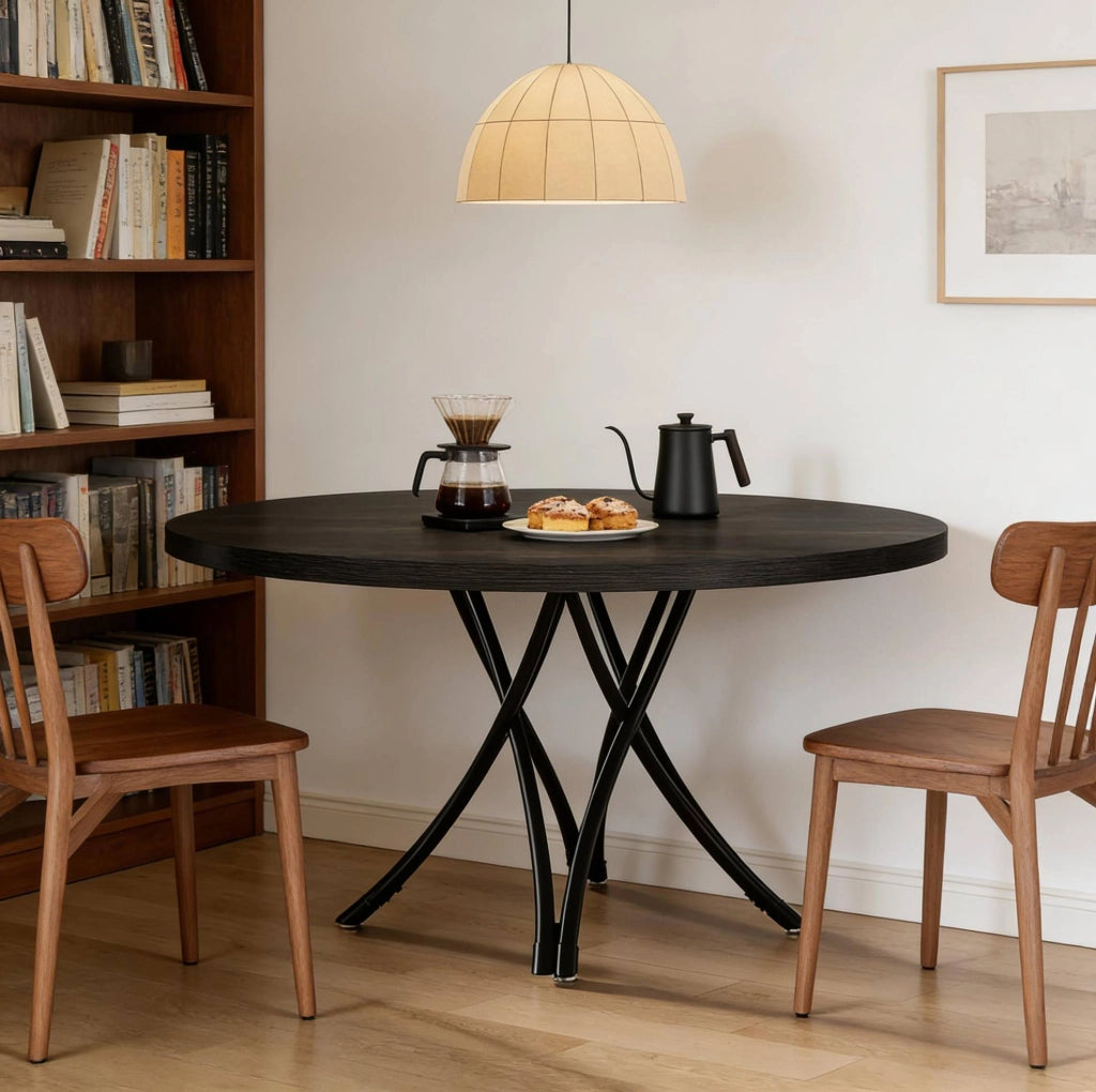 Tavolo da pranzo rotondo nero 120 cm per 4-6 persone, stile minimalista