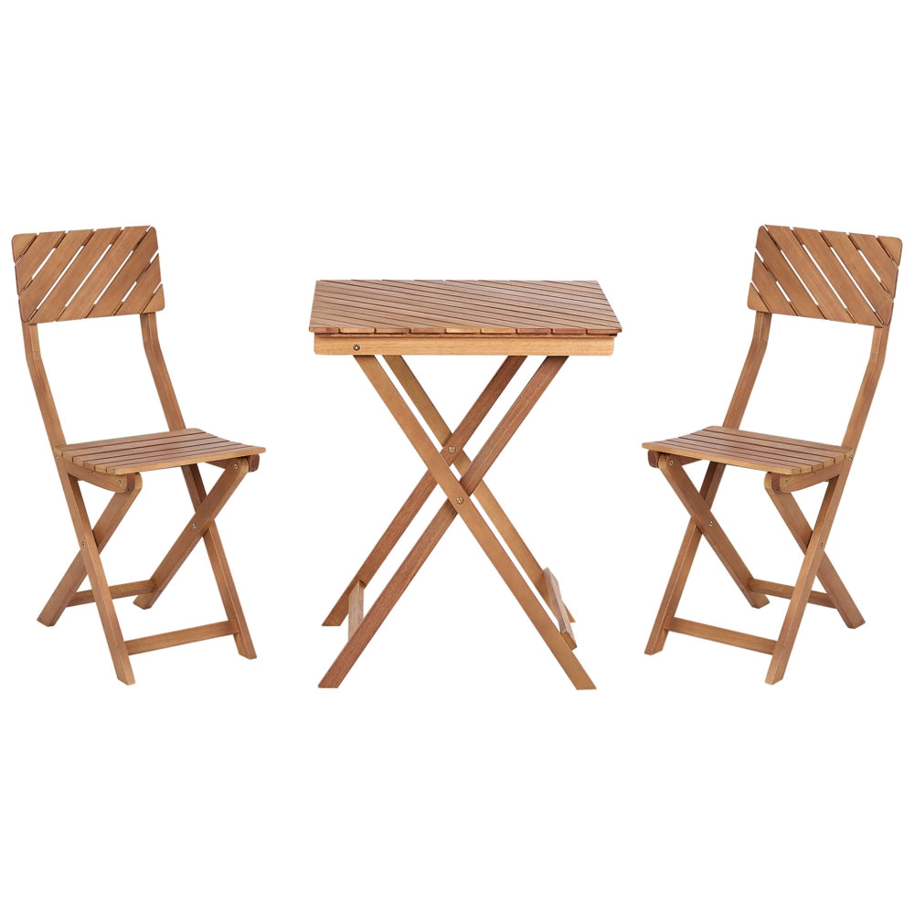 Set da bistrot 3 pezzi in legno massiccio di eucalipto chiaro 2 sedie e tavolo da tè pieghevole a doghe