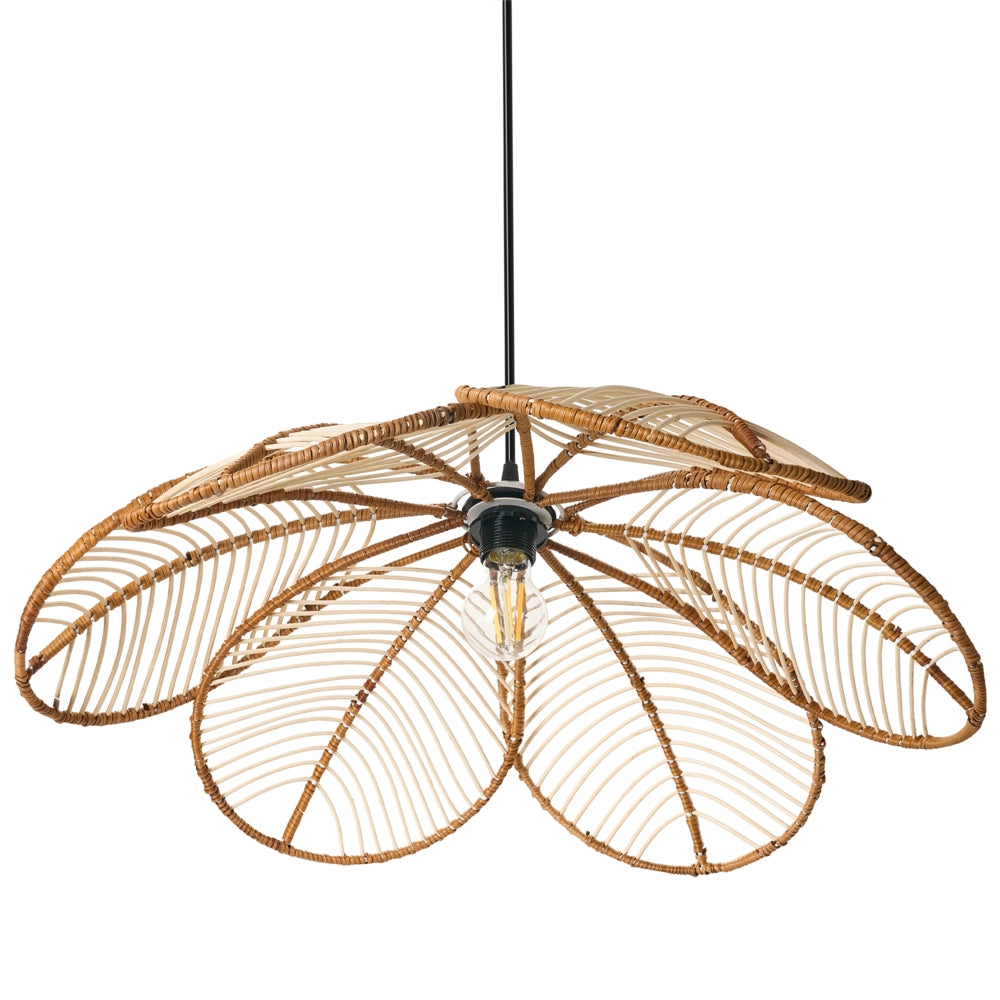Lampada a sospensione Paralume in rattan naturale Lampada a sospensione in stile Boho intrecciata a mano a forma di fiore Illuminazione