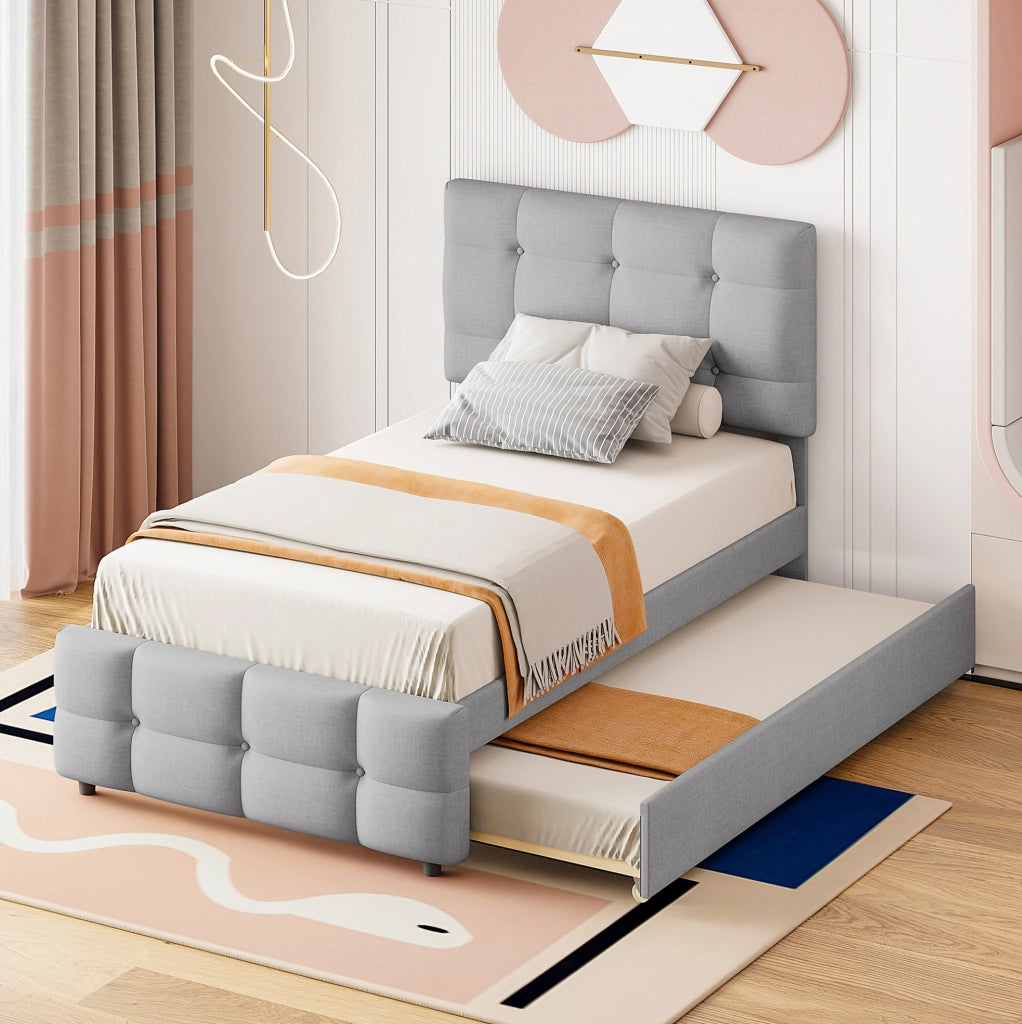 Letto imbottito estraibile 90x200 cm con testiera regolabile; tessuto di lino grigio