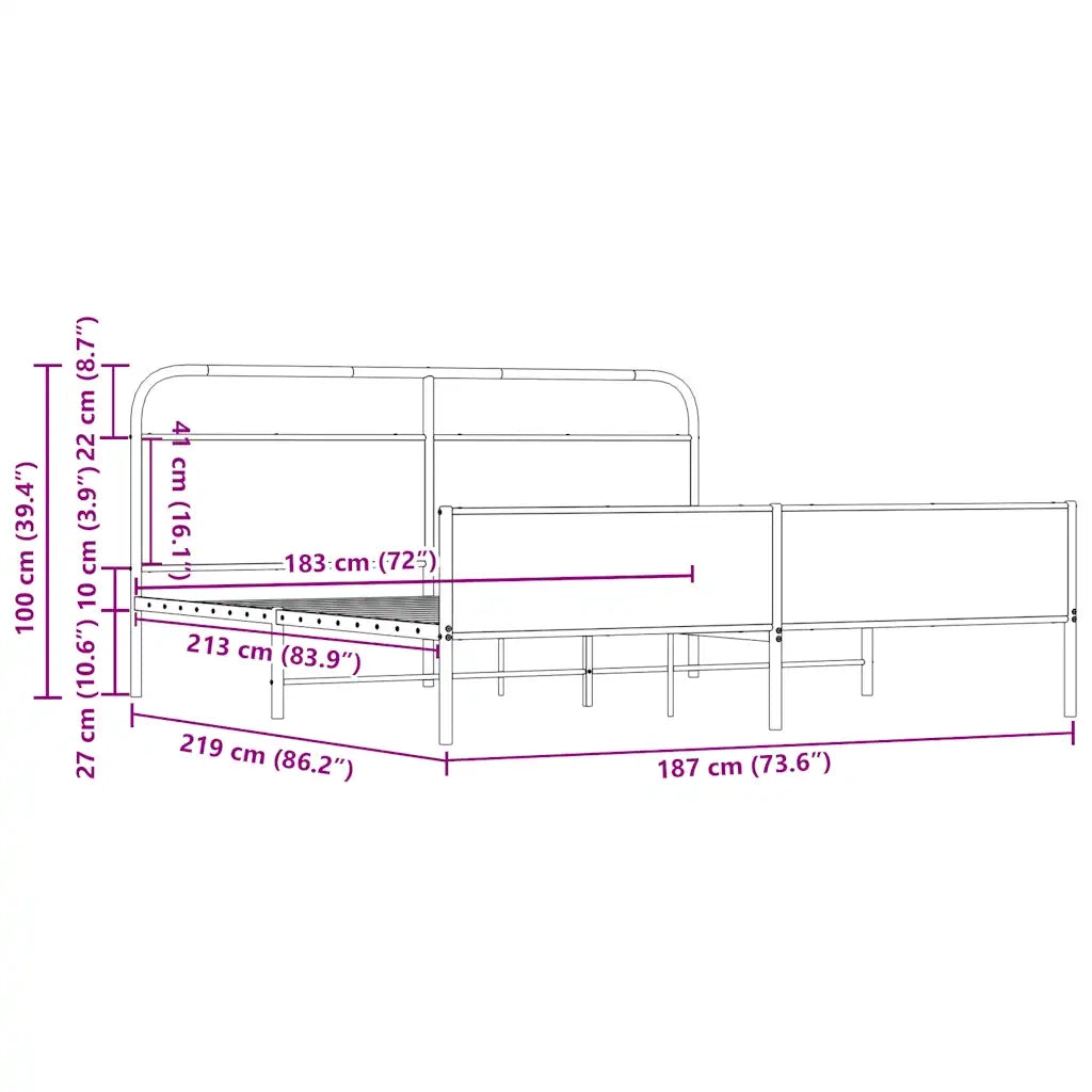 Letto matrimoniale | Letto per adulti | Giroletto senza Materaso in Metallo Rovere Sonoma 183x213 cm