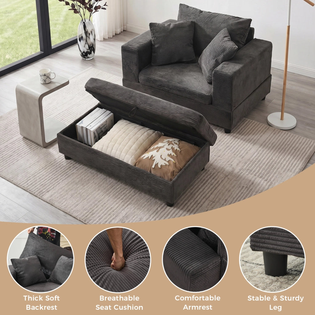 Chaiselongue grigio con portagiochi e 3 cuscini, divano lounge per soggiorno e camera da letto