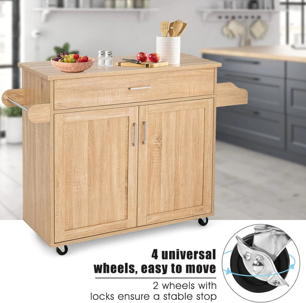 Carrello da Cucina, Credenza Mobile con Cassetto, Anta Doppia, Portaspezie e Portasciugamano, Ripiani Regolabili, Ruote con Freni, Portata di 50 kg, 116x40x85 cm, 4 Colori (naturale)