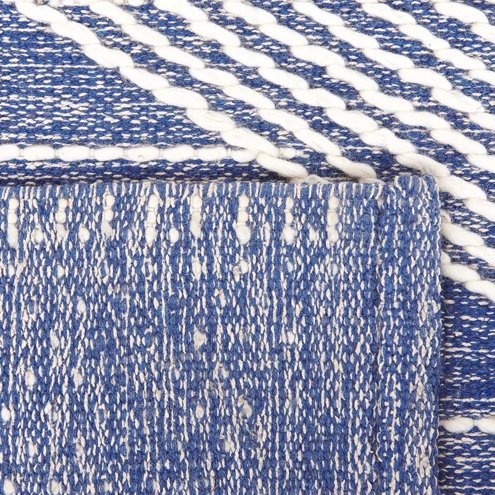 Tappeto in lana beige chiaro e blu poliestere 80 x 150 cm intrecciato a mano motivo geometrico boho soggiorno camera da letto