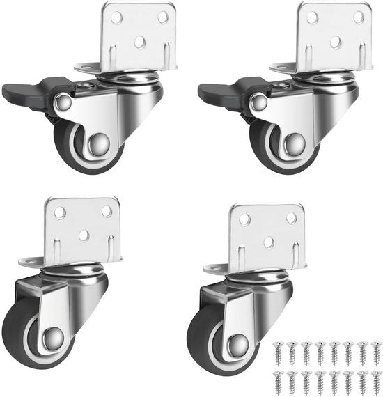 Pacchetto di 4 piccoli pignoni inclinabili 25 mm, ruote per mobili con freni fino a 60 kg, ruote per mobili piccoli, ruote silenziose in gomma 360 gradi girabili, piccoli pignoni inclinabili per mobili, vasi di fiori, alberi di Natale (16 viti)