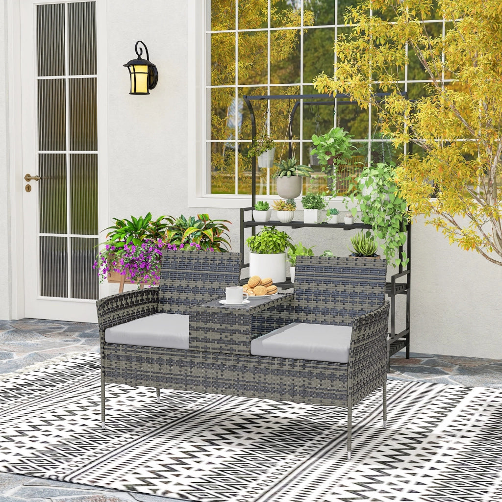 Panchina da Esterno 2 Posti 137x59x82 cm con Tavolino da Caffè in Acciaio e Rattan PE Grigio