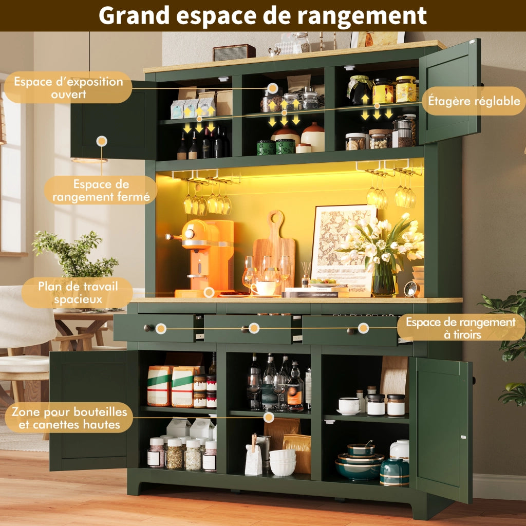Credenza alta con LED e ante in PE rattan, ripiani regolabili e cassetti, per cucina e soggiorno, verde antico