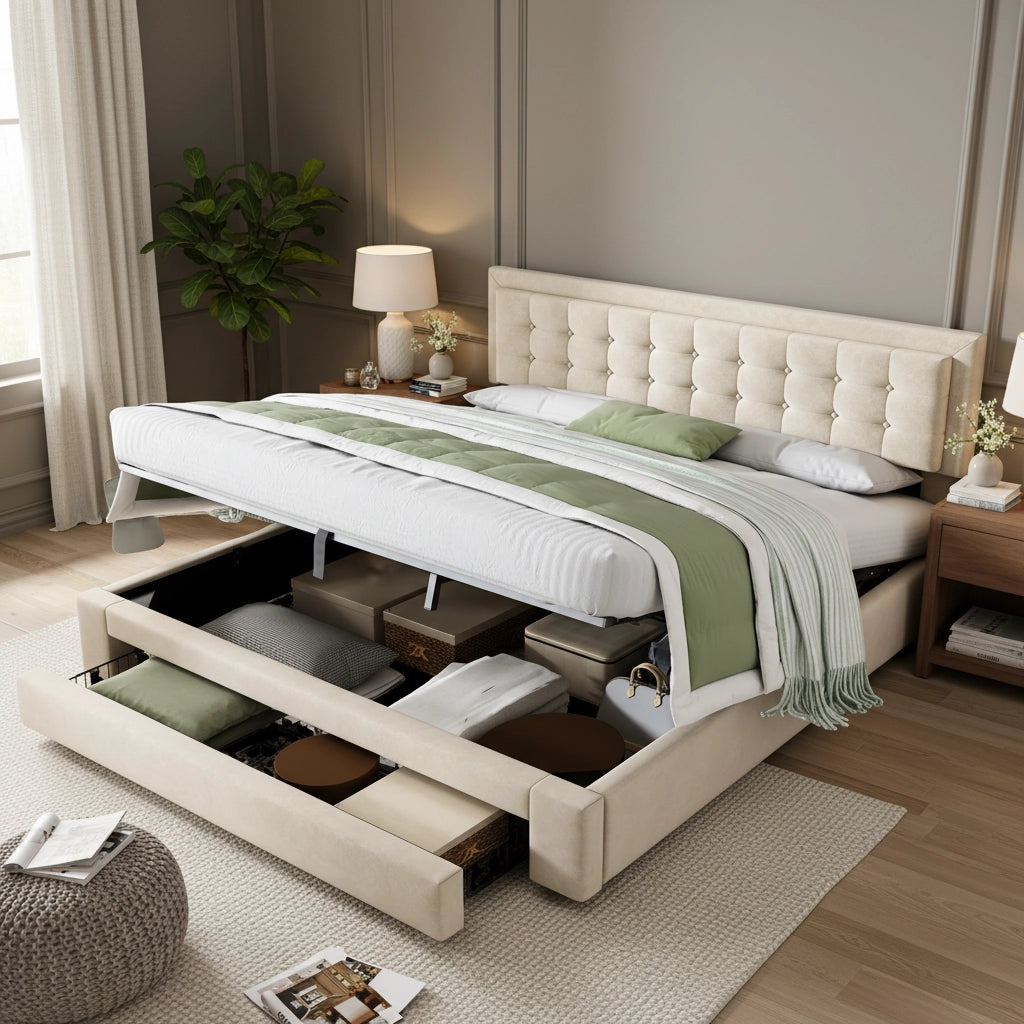 Letto contenitore matrimoniale 180 × 200 cm con testiera regolabile, cassetti e vano idraulico, senza materasso, beige