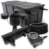 Set filtrante per laghetto da 90000l con Chiarificatore UVC 36W, Pompa 80W, Tubo 25m e Skimmer