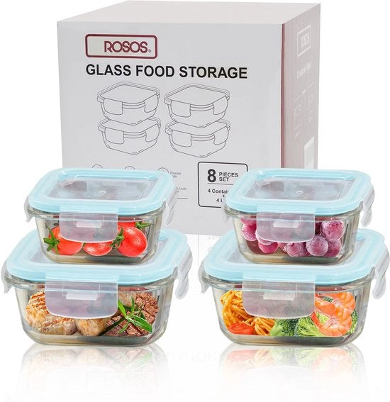 Contenitori alimentari in vetro con coperchi, 4-pack contenitori in vetro a chiusura ermetica con coperchi, BPA-free per alimenti e impermeabili, contenitori alimentari in vetro con coperchi per forno/congelatore, blu