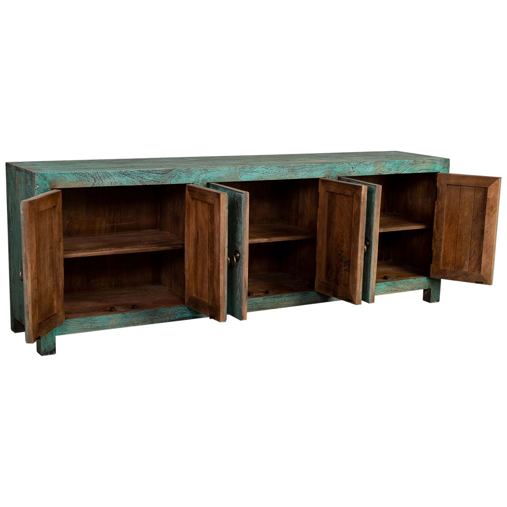 Credenza a 6 ante in legno con finitura verde anticato, cm 200x40x70h