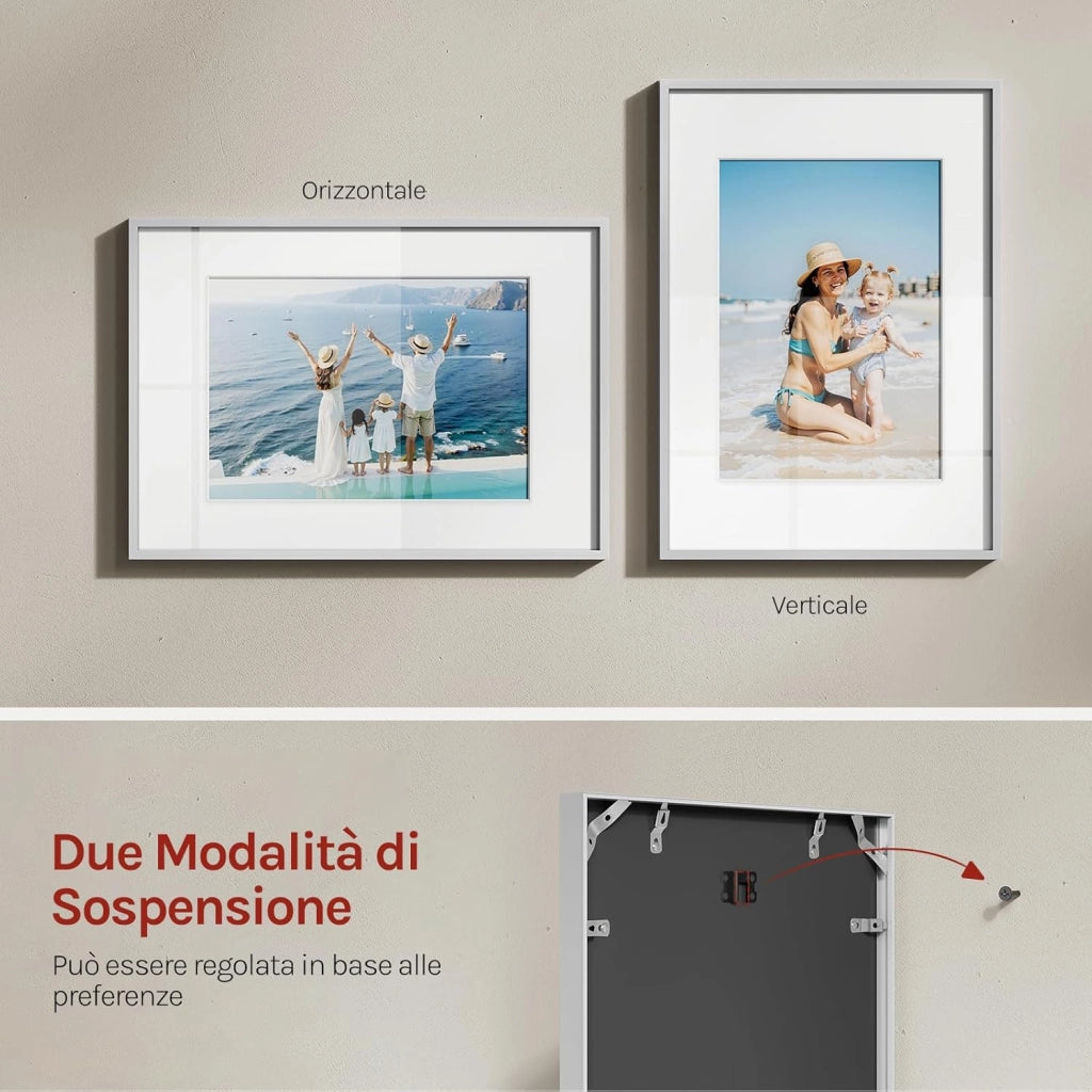 Cornice per Foto 50x70 cm, Set da 5, Portafoto Argento con Passepartout, Telaio in Alluminio, Orizzontale o Verticale, da Parete o Tavolo, per Certificati, Poster, Biglietti