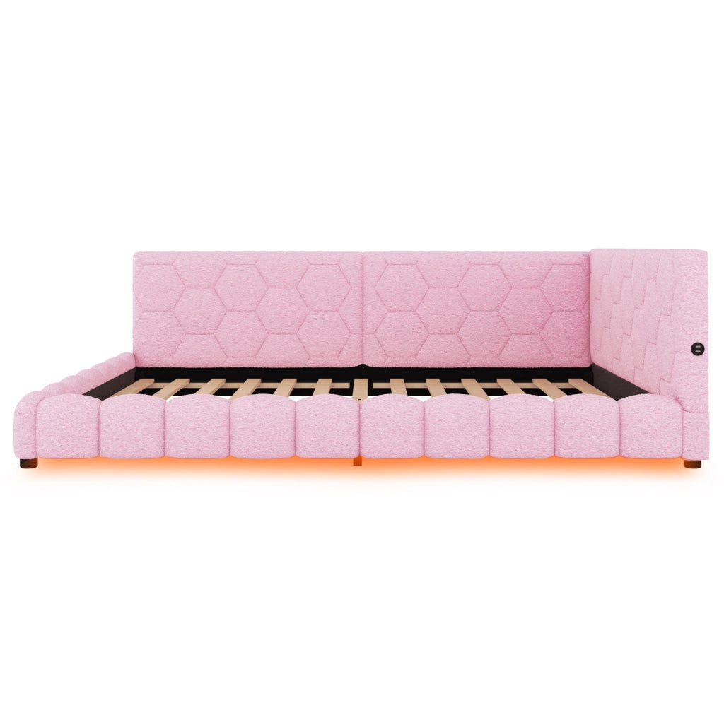 Divano letto 140x200 cm con luci LED; velluto e MDF; rosa (Senza materasso)
