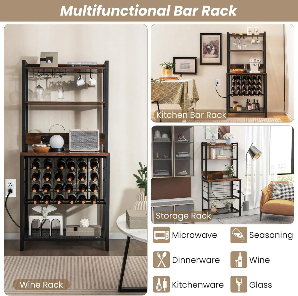 Scaffale Da Cucina Con Prese e Porte Usb, Armadietto Per Vino Con Supporto In Vetro Per 24 Bottiglie e 9 Bicchieri, Scaffale a 4 Livelli, 76 x 48 x 163 cm