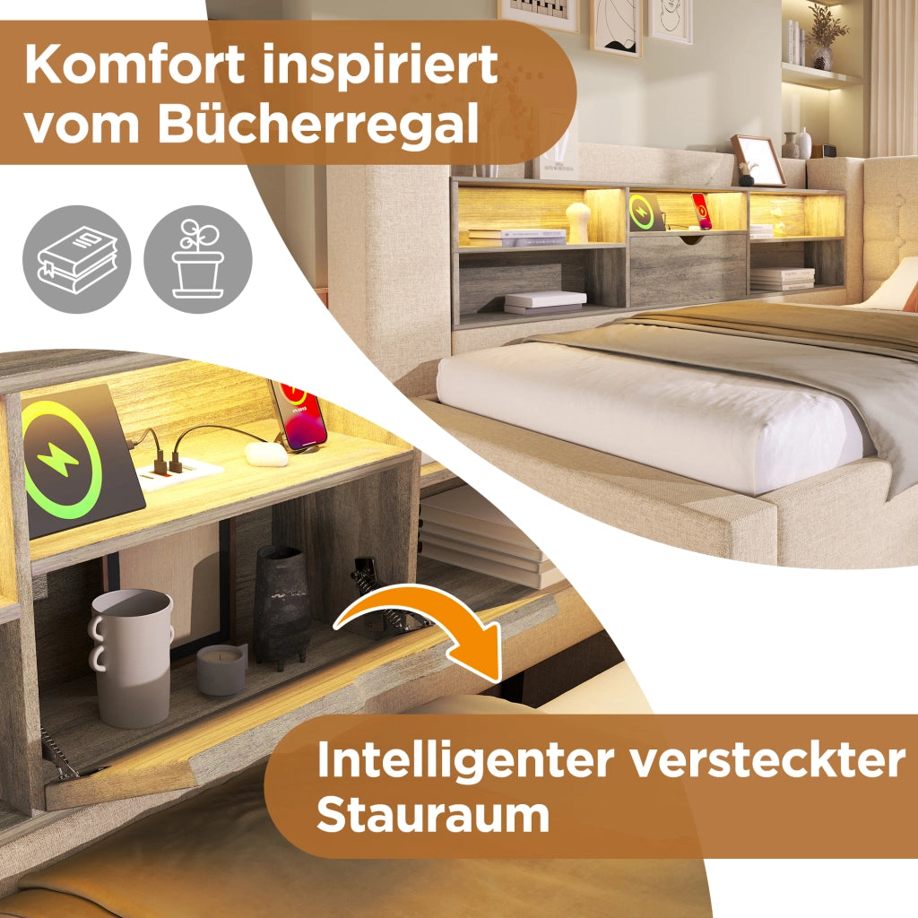 OKWISH Letto a Divano 90×200 cm, Letto Singolo con Letto Estraibile 90×190, LED Regolabile, USB e Tipo C, senza Materasso, Beige
