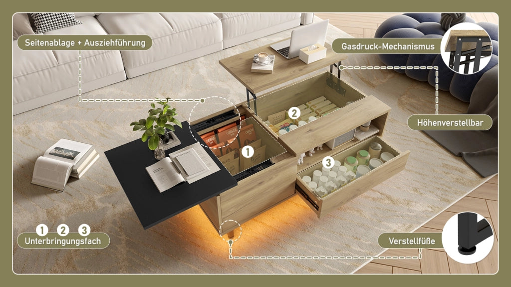 TAVOLINO ALZA PIANO 103,5x50x27,5 cm NATURALE METALLO CON LED