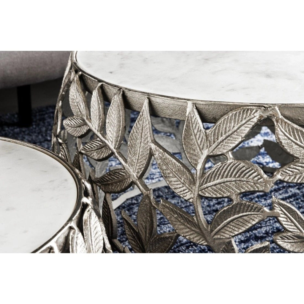 Set di 2 tavolini METRIX argentati con piano in marmo - Tavolini con design a motivo fogliame