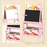 Cavalletto Artistico per Bambini 3-8 Anni con Lavagna a 2 Lati e 2 Cestini Contenitori, in Legno, 53.5x49x113 cm, Rosa