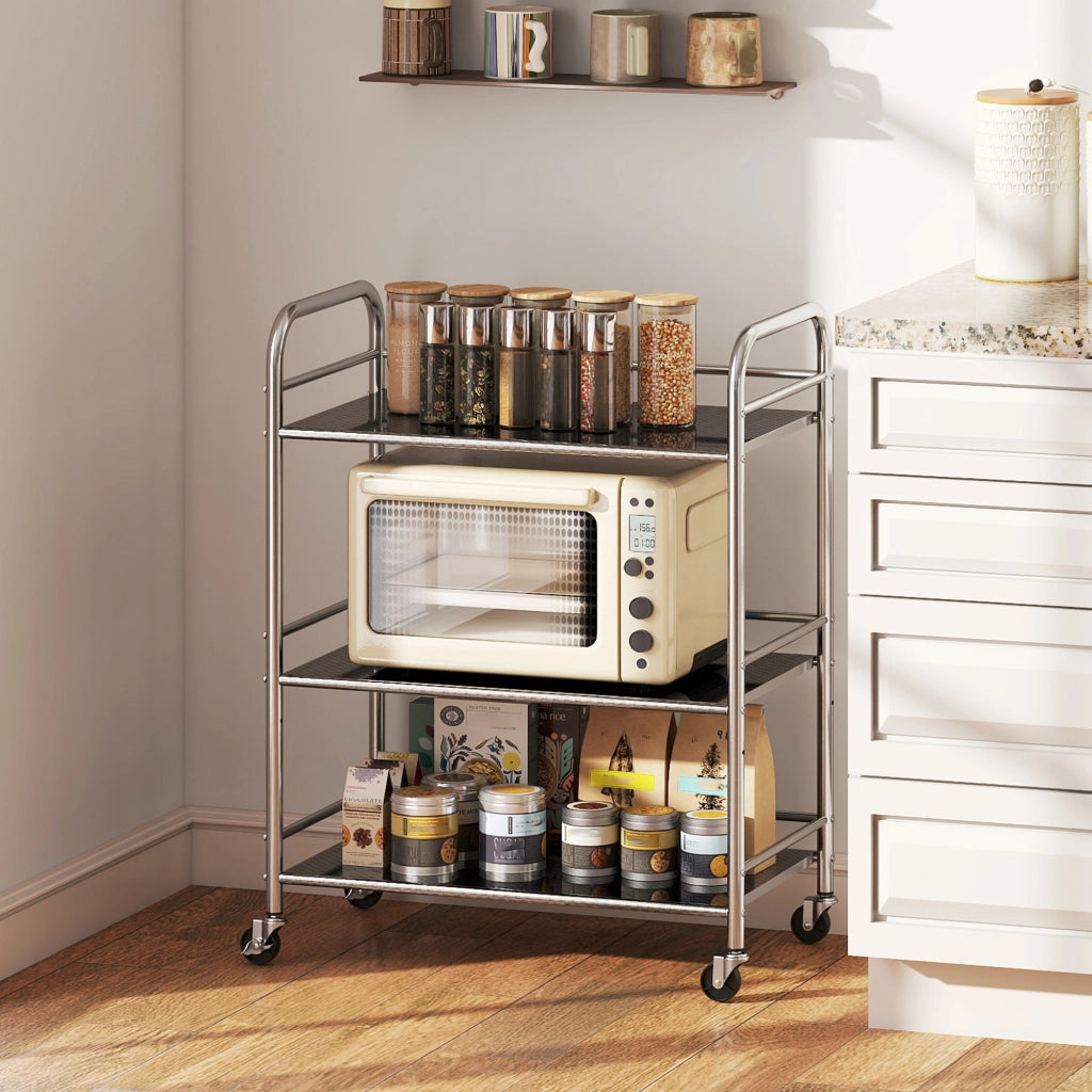Carrello Multiuso a 4 Livelli con Ripiano Centrale Regolabile e Bordi Rialzati. in Acciaio Inox. 60x35x77 cm