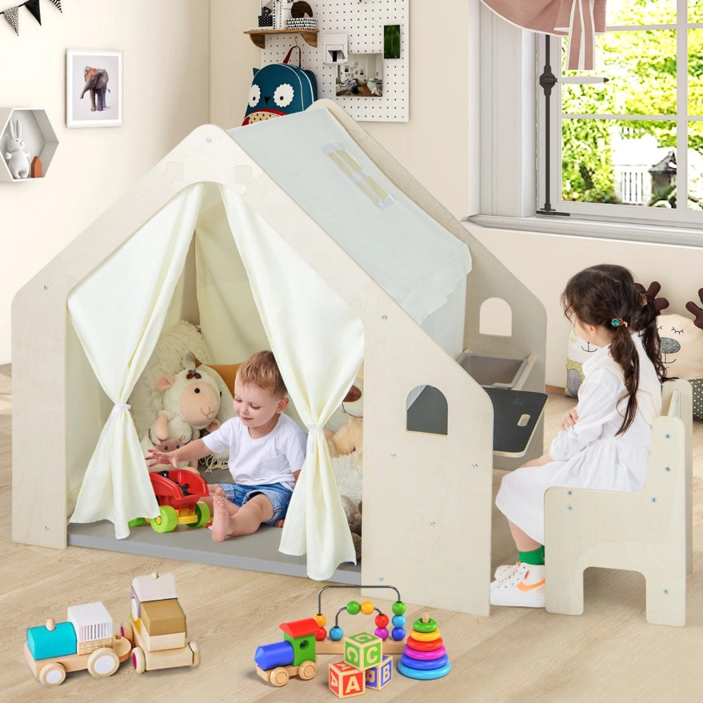 Tenda da gioco per bambini 6-in-1 in legno per interni con lavagna scrivania sedia, Casetta da gioco in legno Beige-Tende e Casette per bambini