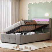 Letto imbottito 90x200 cm con LED, contenitore idraulico e velluto grigio