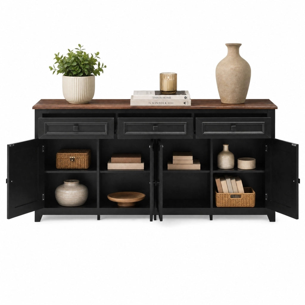 Sideboard nero in MDF 160x35x76 cm con 3 cassetti e 4 ante, design moderno e minimalista