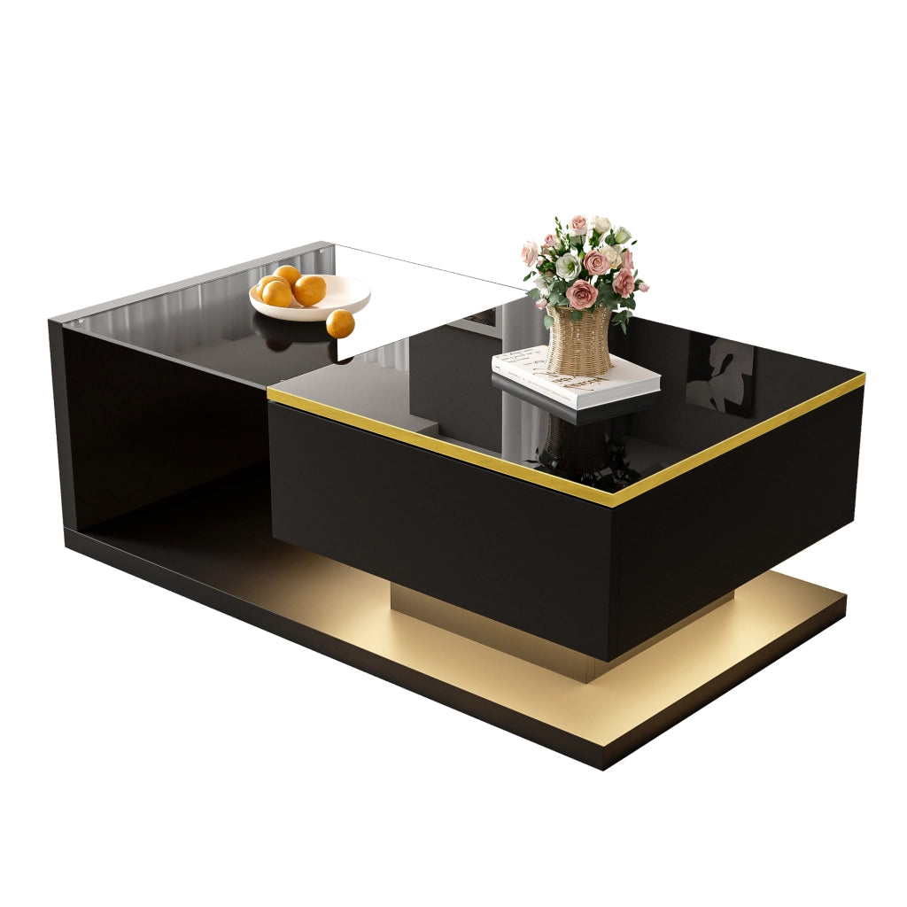 Tavolino da Salotto 90×50×32;5 cm con Piano in Vetro e LED 16 Colori; Nero Lucido; in Pannello truciolare; Nero
