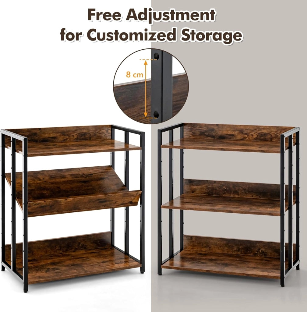 Libreria Scaffale Industriale 3 Ripiani Regolabili con Alette di Protezione, Scaffale Libreria Portaoggetti in Telaio in Metallo, Mensola Multifunzione, 2 Colori, 70 x 35 x 81 cm (Marrone)