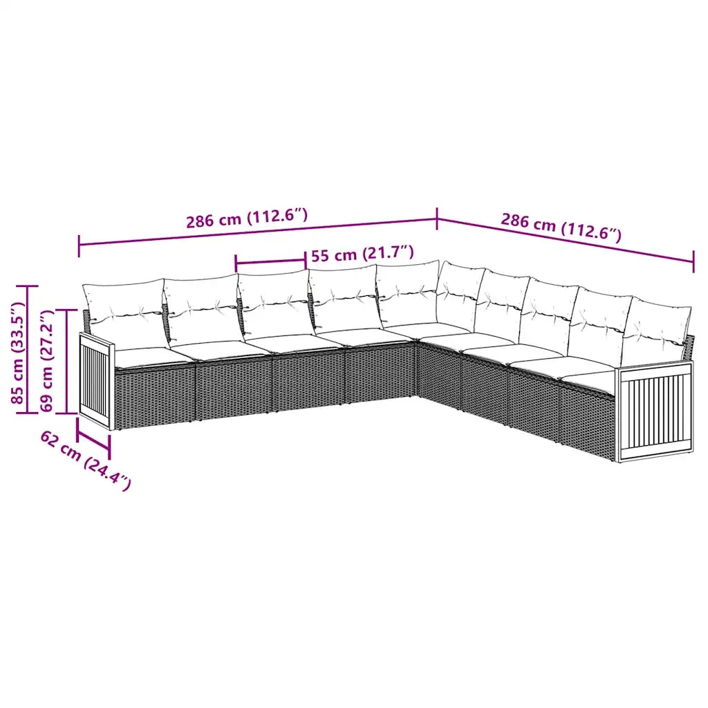 Set Divani da Giardino 9 pz con Cuscini Nero in Polyrattan