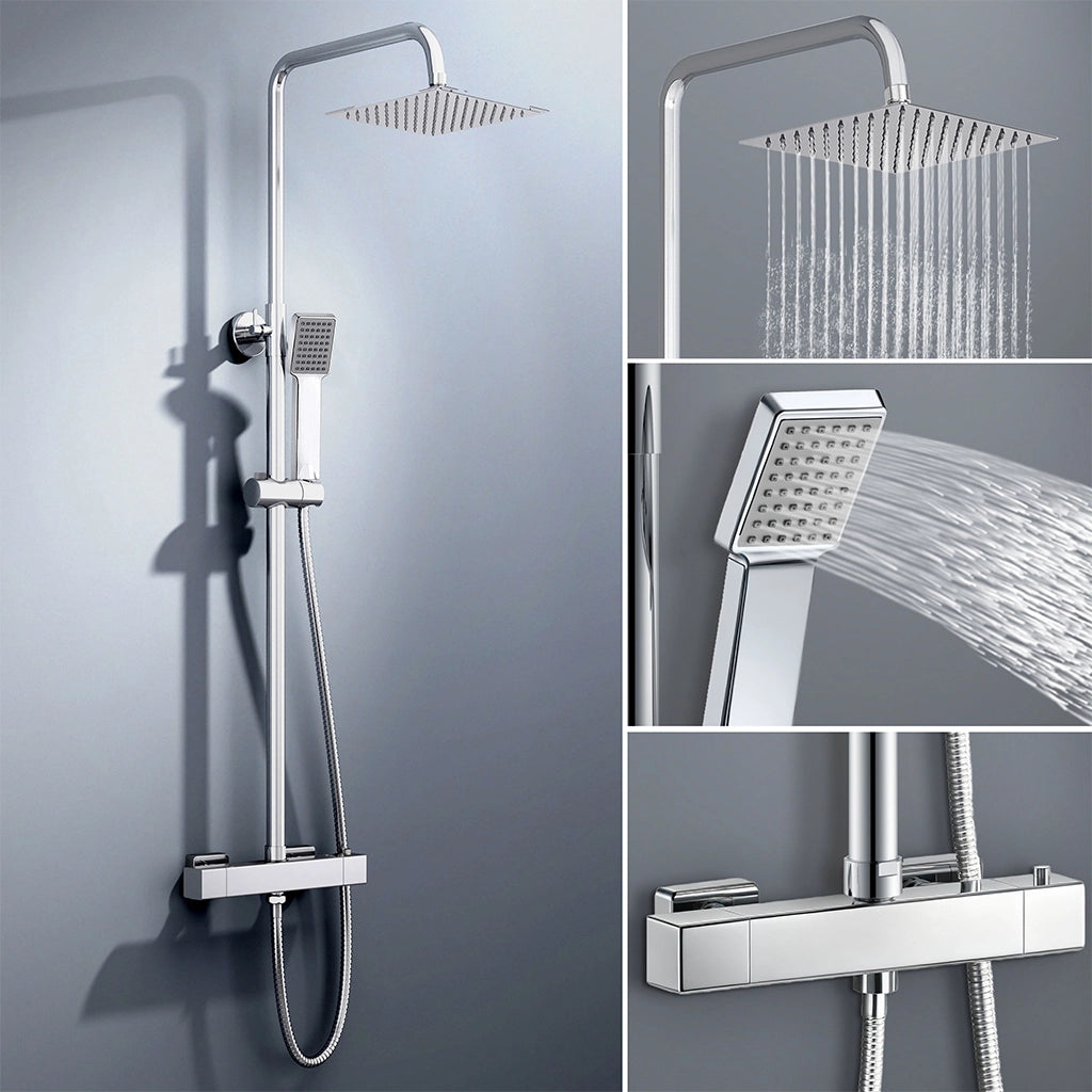 AICA ITALY Sistema Doccia con Miscelatore Termostatico a 38℃, Colonna Doccia Quadrato in Acciaio Inox Altezza Regolabile 73-115cm Cromo