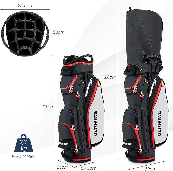 Borsa da Golf Leggera e di Grande Capacità, Sacca da Golf con 14 Divisori, 8 Tasche, Cappuccio Antipioggia, Tracolla, Borsa Termica per Bevande, Ideale per Uomini e Donne (Nero)
