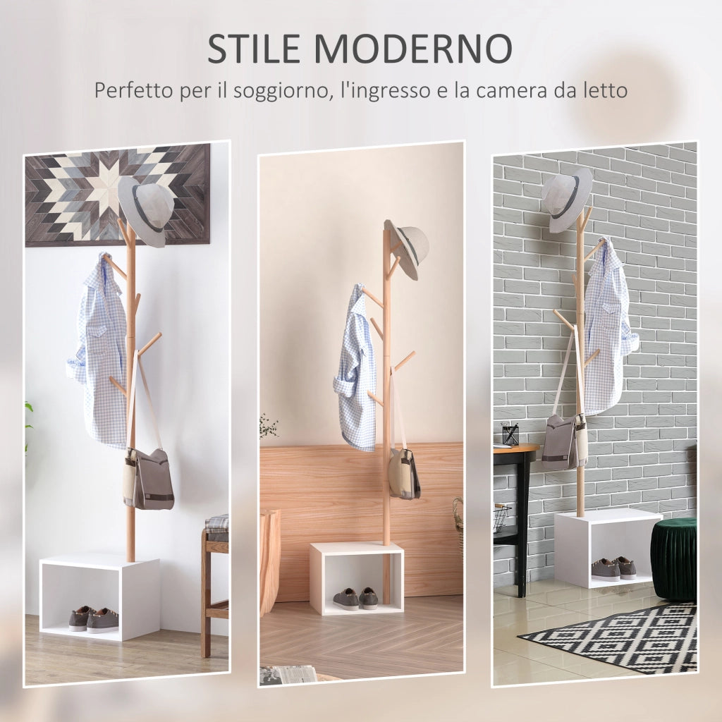 EasyComfort Panca con Appendiabiti da Ingresso, Attaccapanni da Terra in Bambù, Panca da Ingresso Bianca, Design, anche per Camera da Letto, 40x30x180cm, Bianco Legno