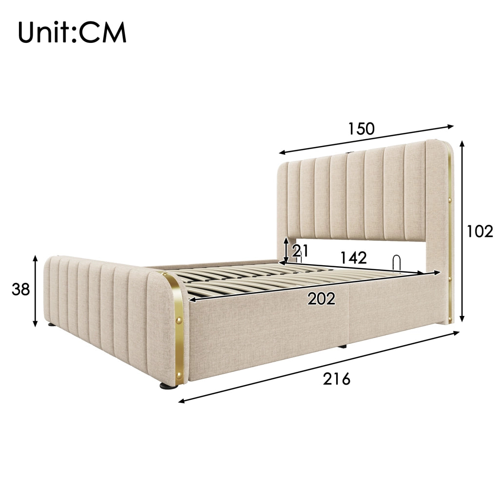 Letto matrimoniale contenitore 140x200 cm in lino beige con testiera USB e Type-C